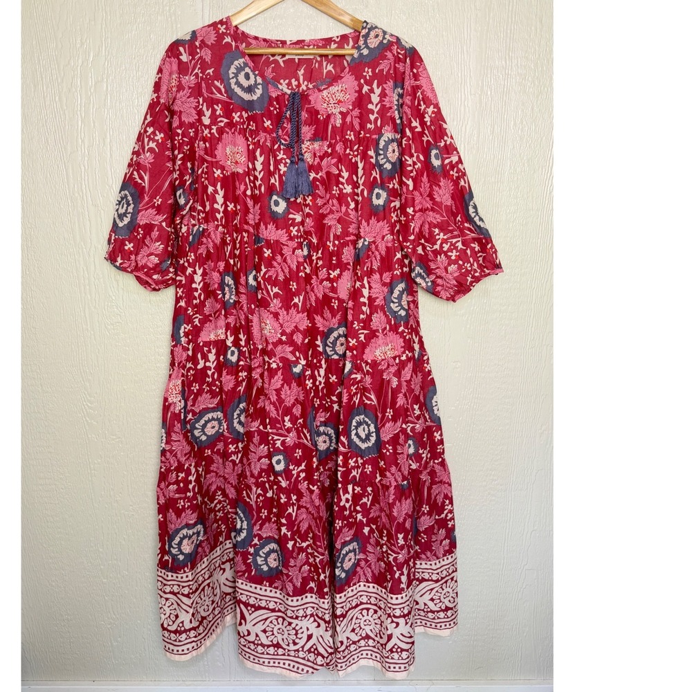 Natural Life Pink Floral Block Print Tiered Cotton Midi Dress XL Tassel Tie Boho